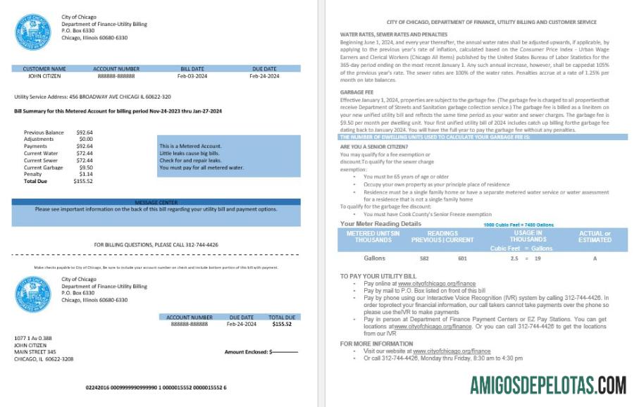 Declaração de conta de serviços públicos do Departamento de Finanças da cidade de Chicago dos EUA em formatos Word e PDF modelo